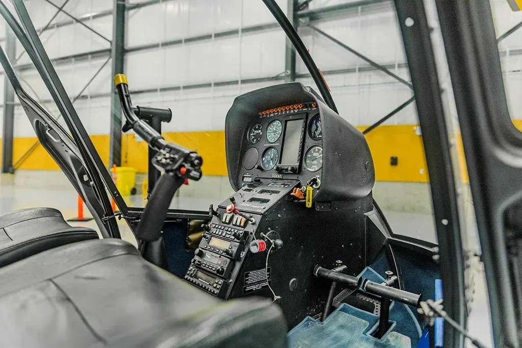 Cockpit and instrument panel of a 2015 Robinson R44.