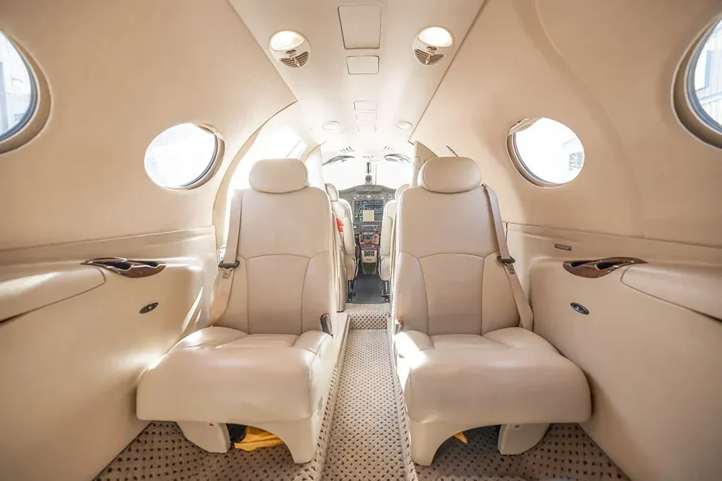 Cabin interior of a 2008 Cessna Citation Mustang.