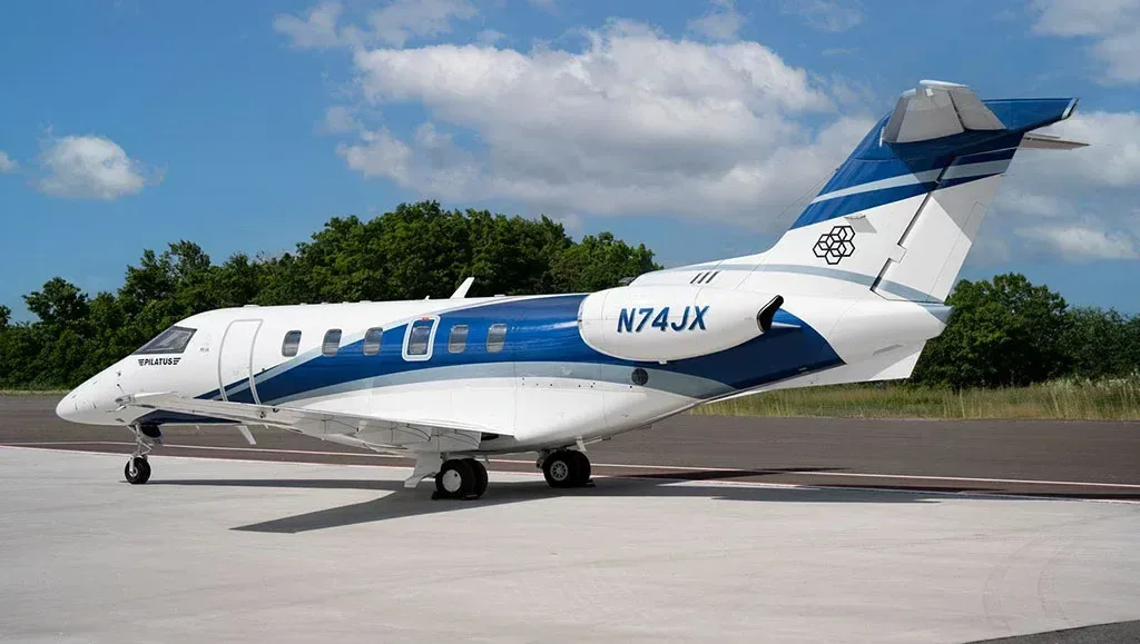 Exterior view of a 2018 Pilatus PC-24, N74JX.