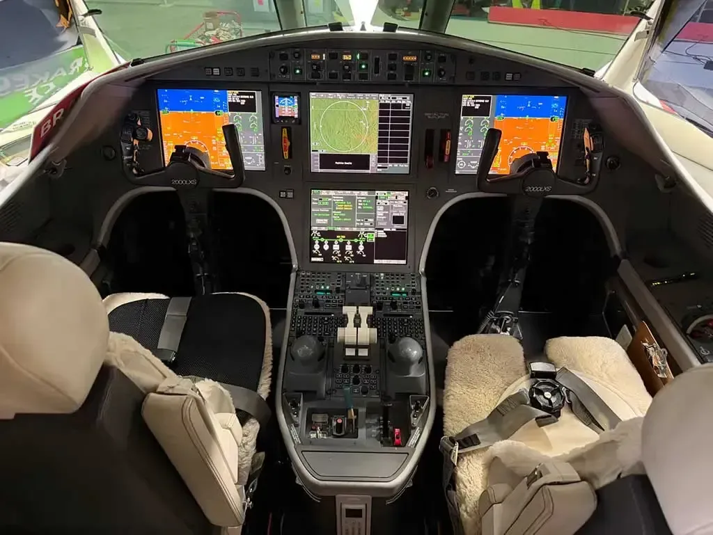 Cockpit and instrument panel of a 2016 Dassault Falcon 2000LXS.