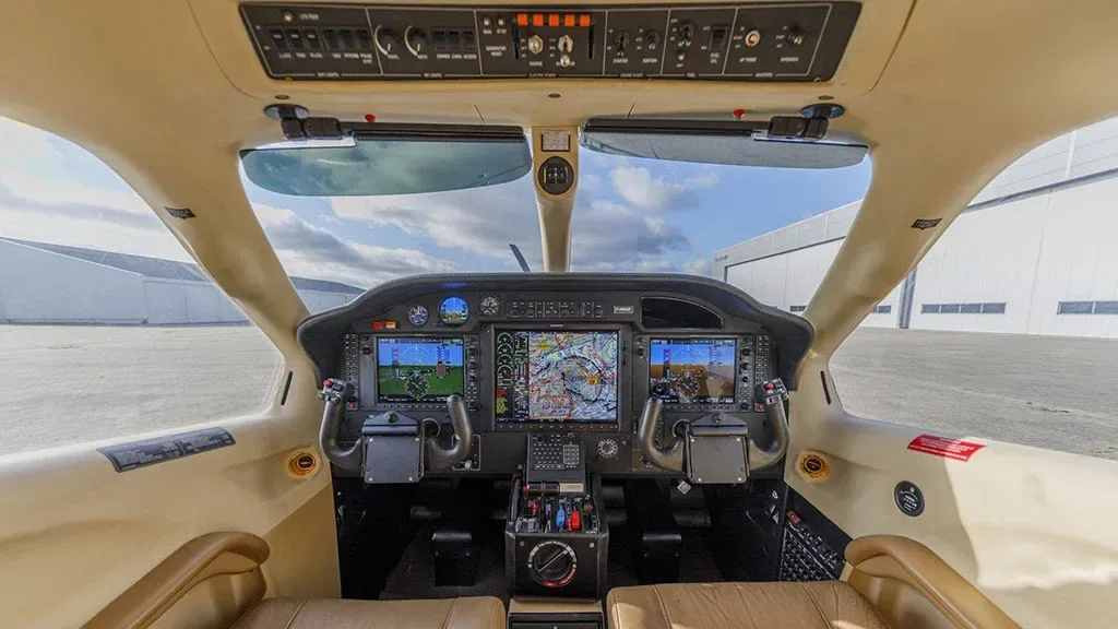 Cockpit and instrument panel of a 2008 Socata TBM 850.