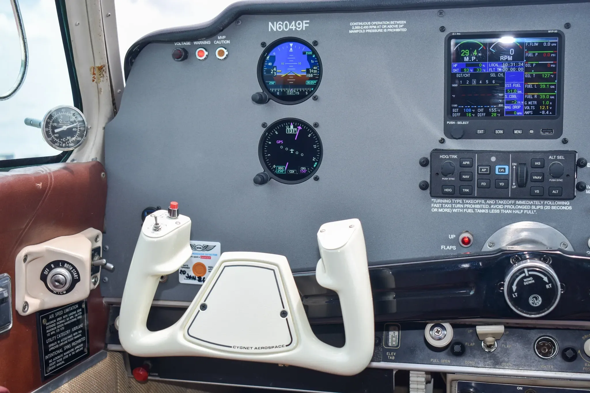 Cockpit and instrument panel of a 1965 Beechcraft Bonanza.