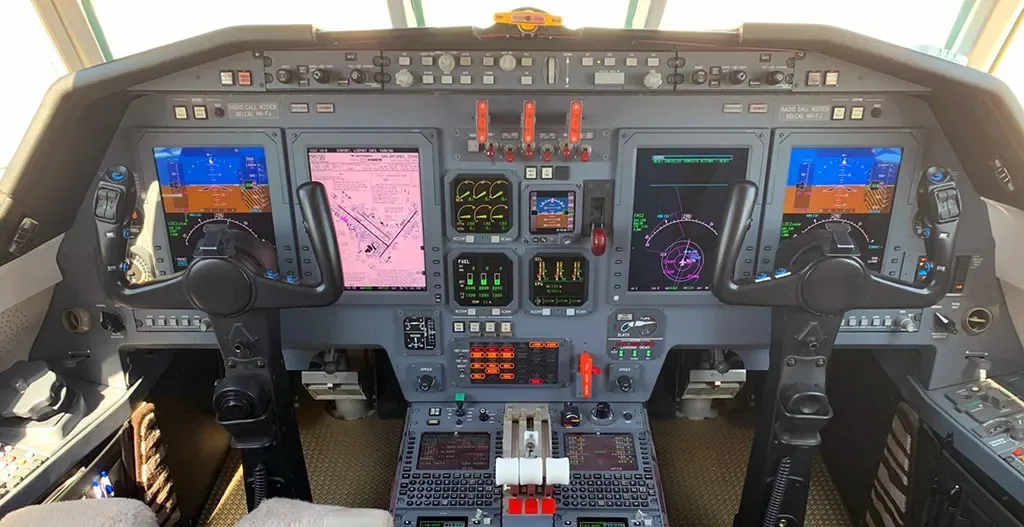 Cockpit and instrument panel of a 2002 Dassault Falcon.
