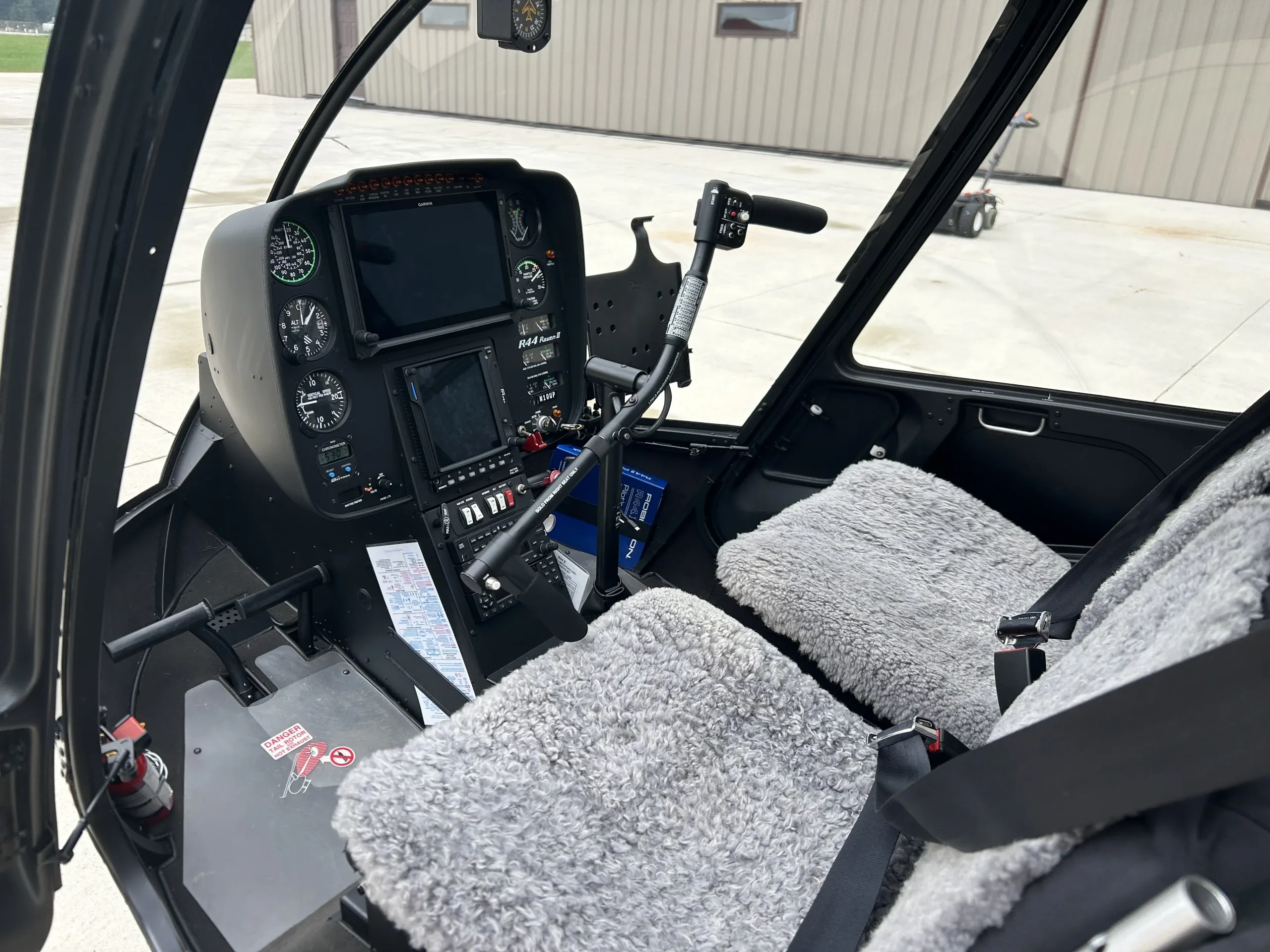 Cockpit and instrument panel of a 2019 Robinson R44 II.