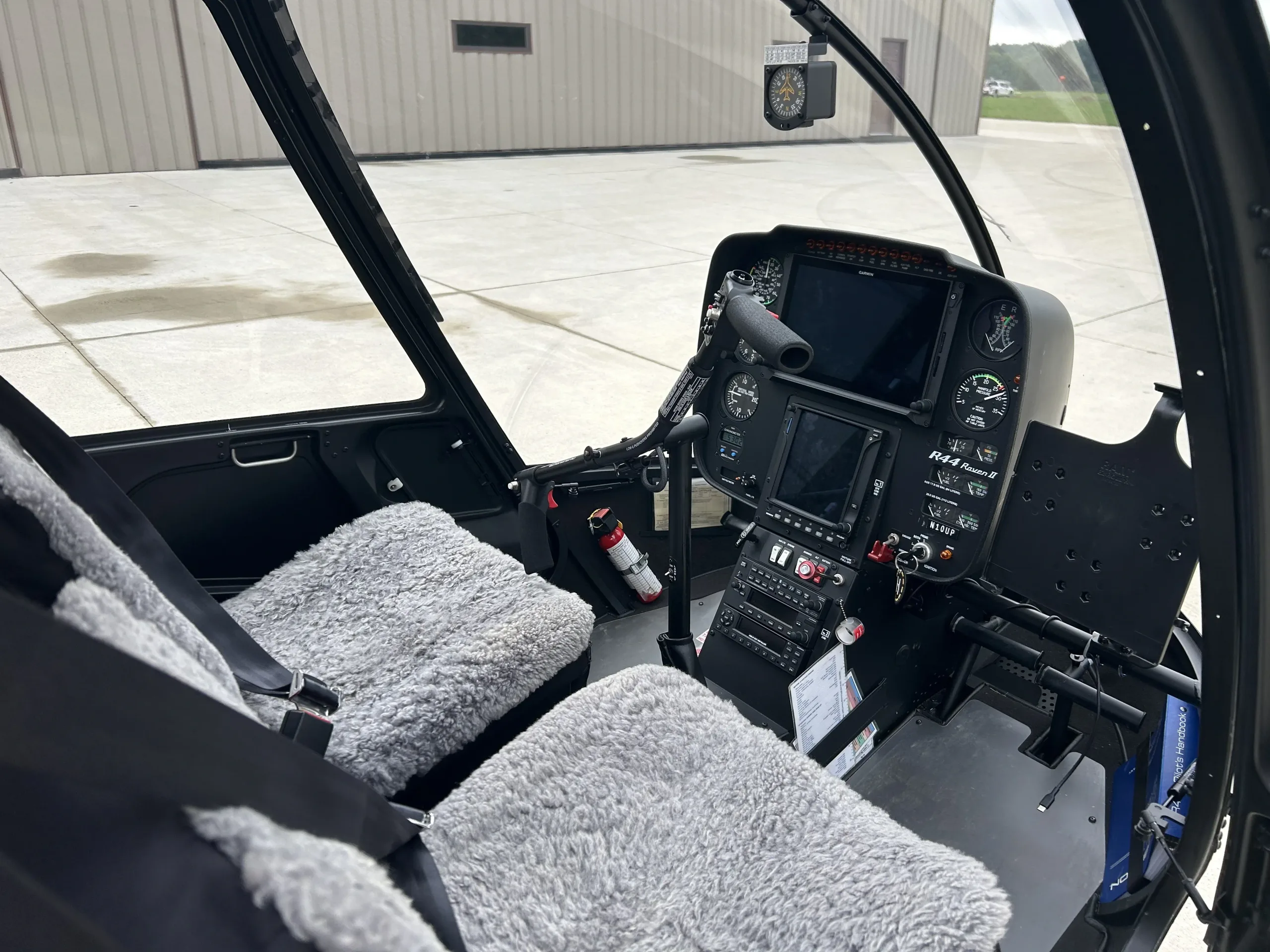 Cockpit and instrument panel of a 2019 Robinson R44 II.