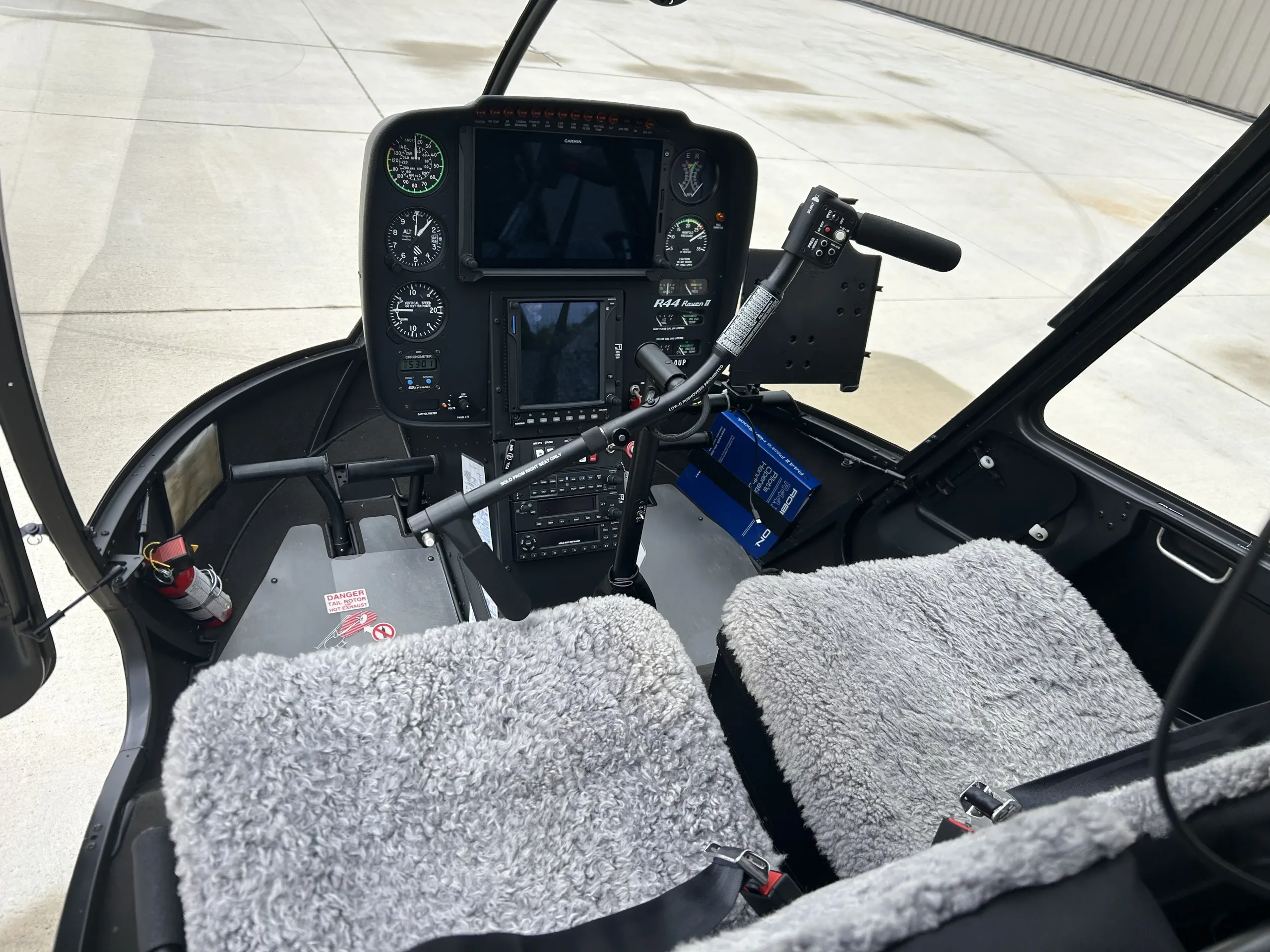 Cockpit and instrument panel of a 2019 Robinson R44 II.