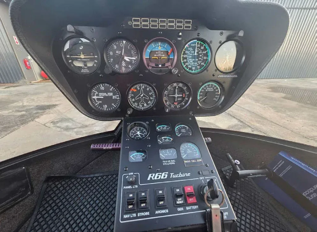 Cockpit and instrument panel of a 2013 Robinson.