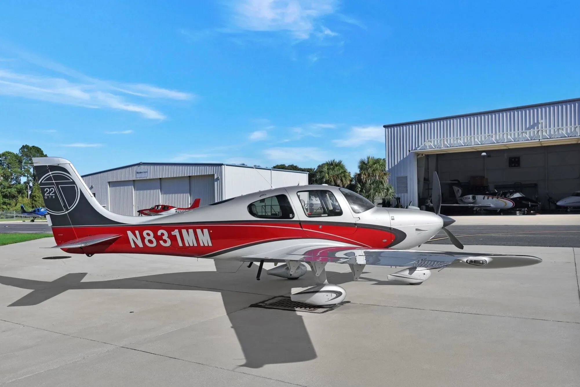 Exterior view of a 2013 Cirrus SR22T G5 GTS, N574TB.