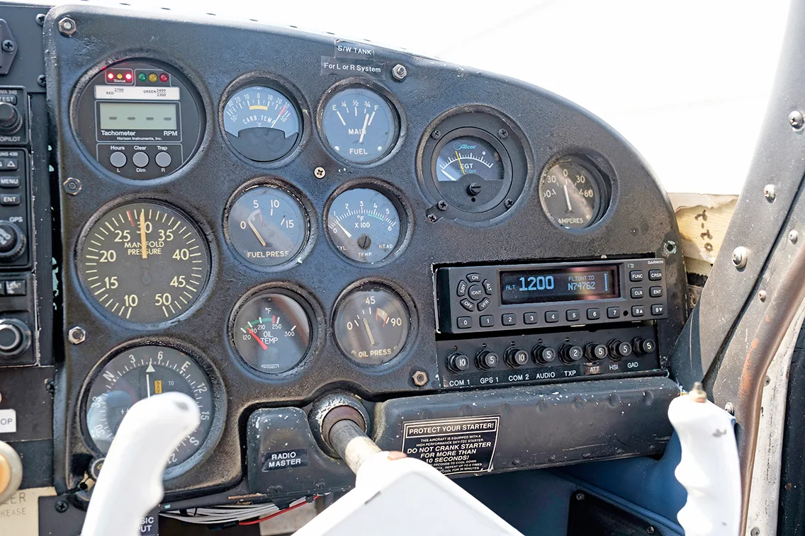 Cockpit and instrument panel of a 1961 Mooney M20B.