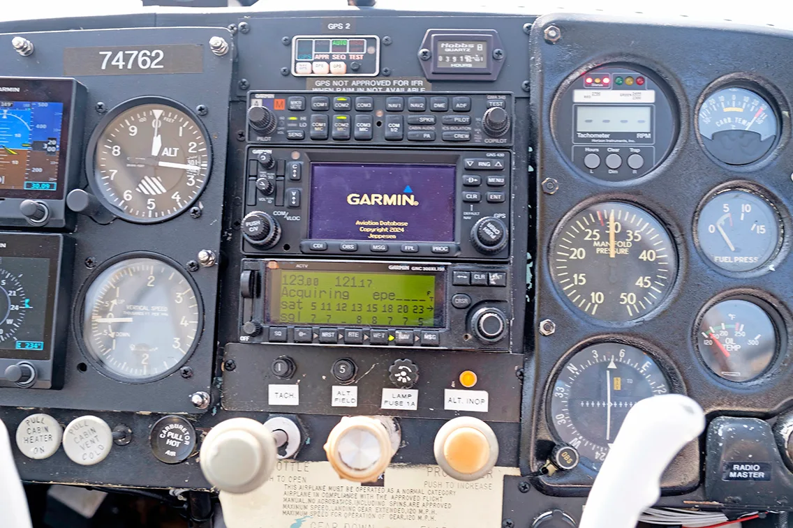 Cockpit and instrument panel of a 1961 Mooney M20B.