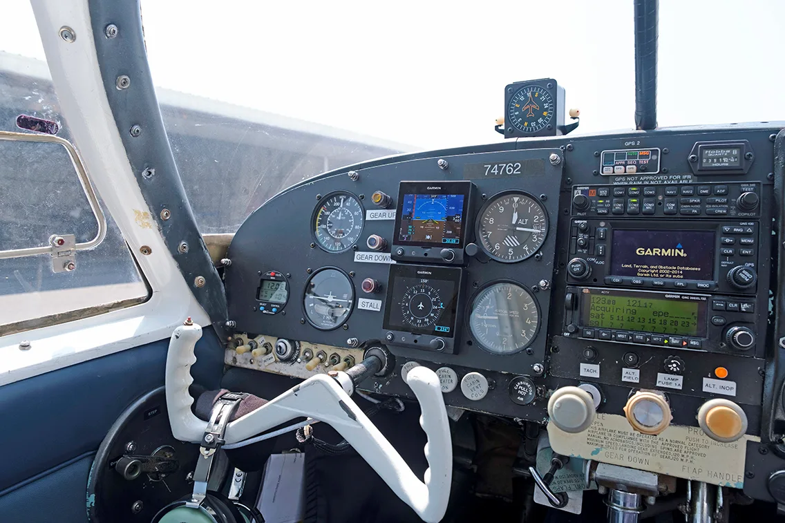 Cockpit and instrument panel of a 1961 Mooney M20B.