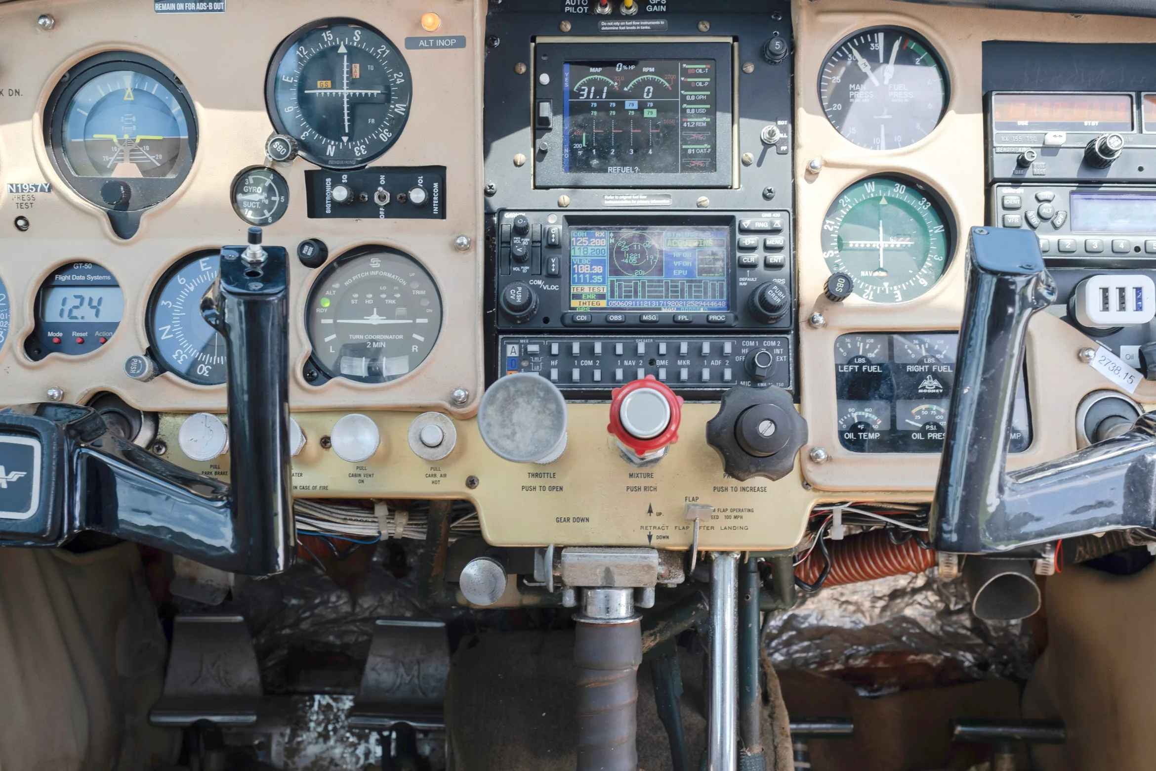 Cockpit and instrument panel of a 1964 Mooney M20D.