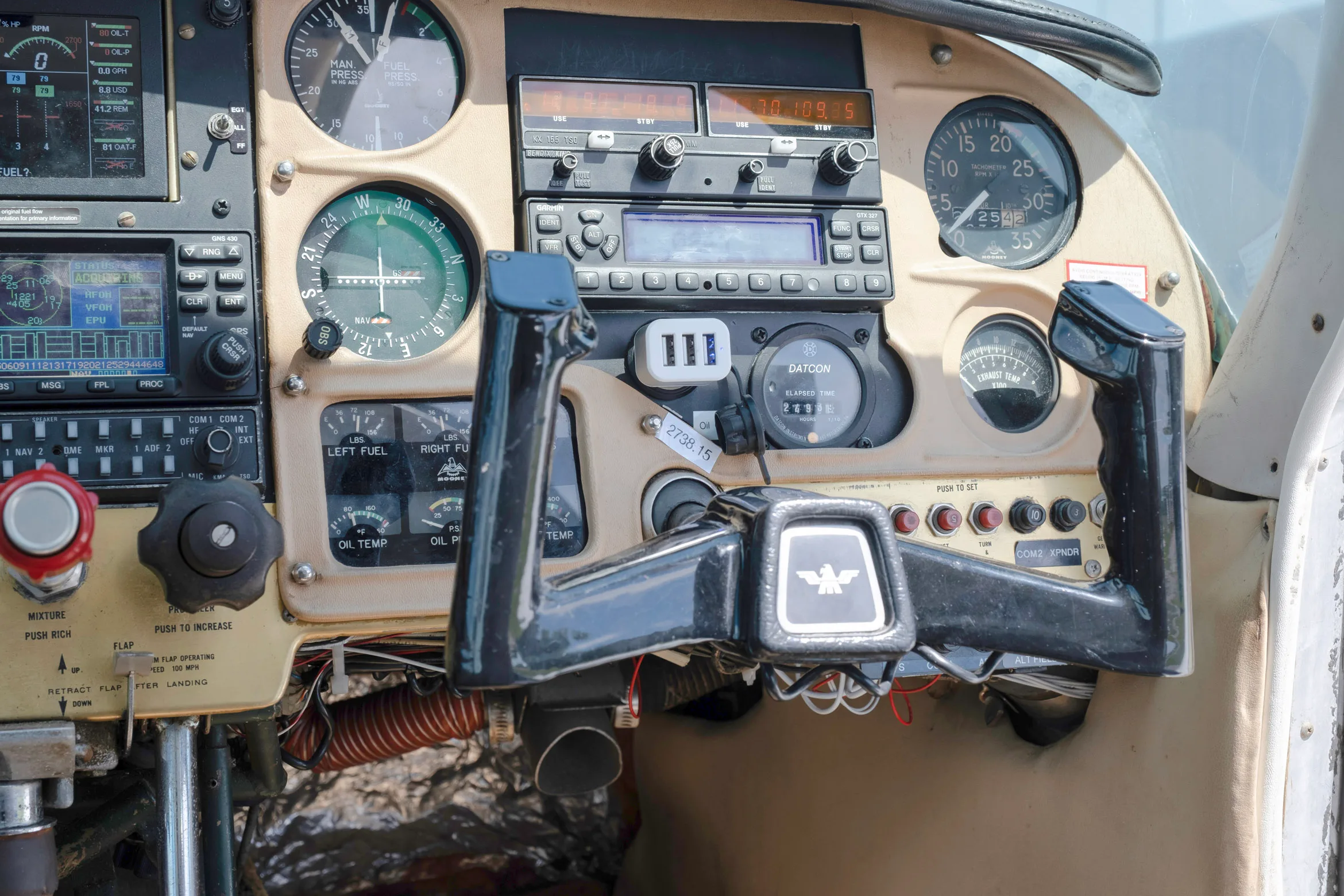 Cockpit and instrument panel of a 1964 Mooney M20D.