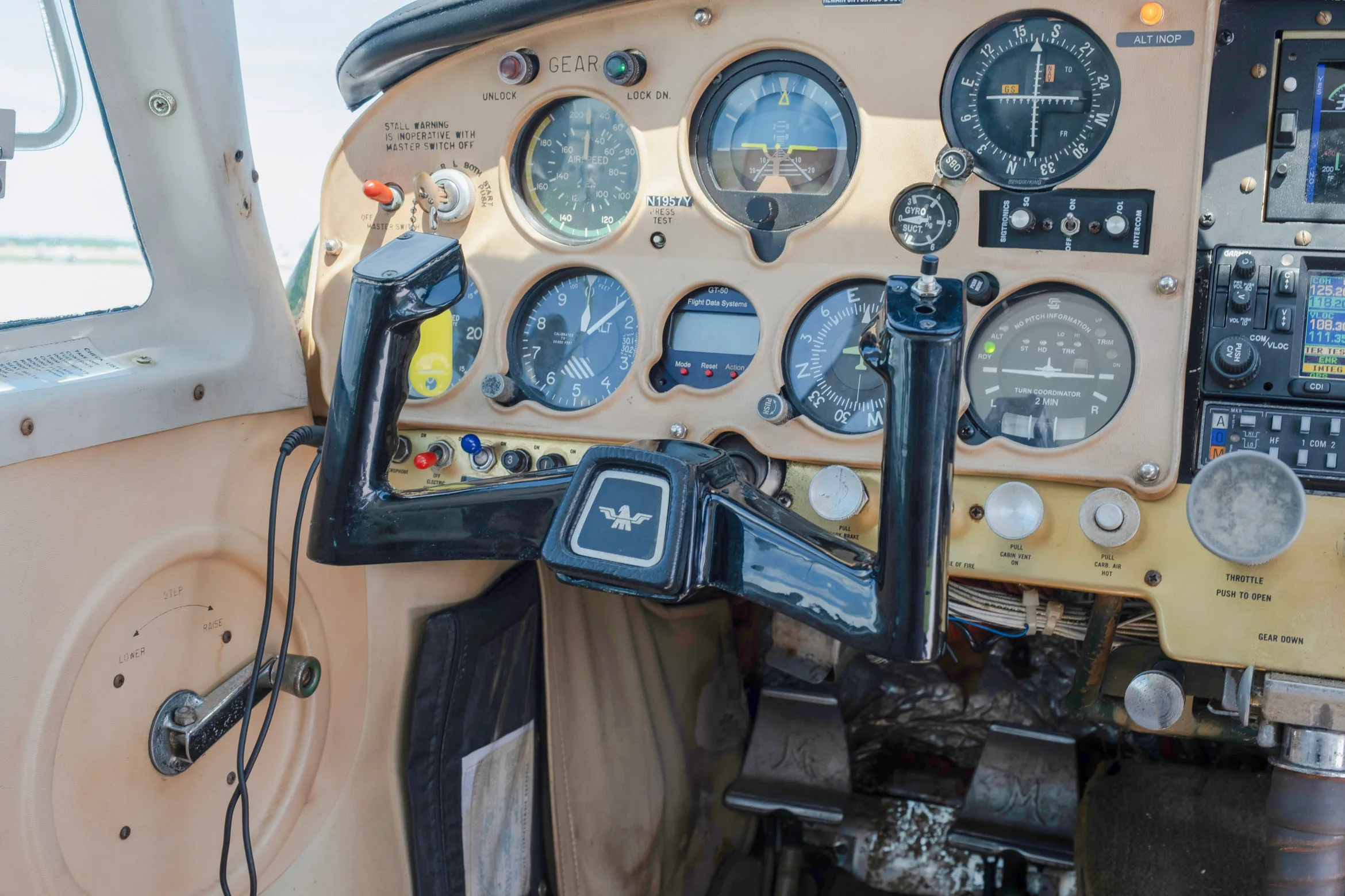 Cockpit and instrument panel of a 1964 Mooney M20D.
