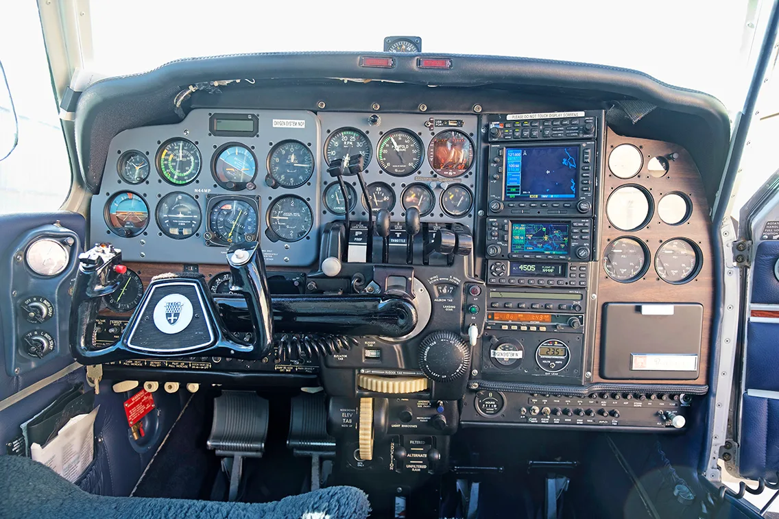 Cockpit and instrument panel of a 1969 Beech D55.