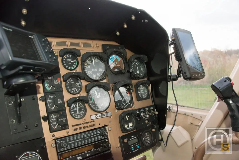 Cockpit and instrument panel of a 1971 Bell 206.