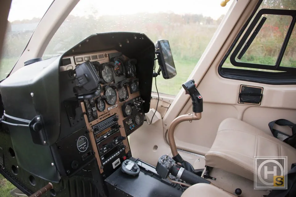 Cockpit and instrument panel of a 1971 Bell 206.