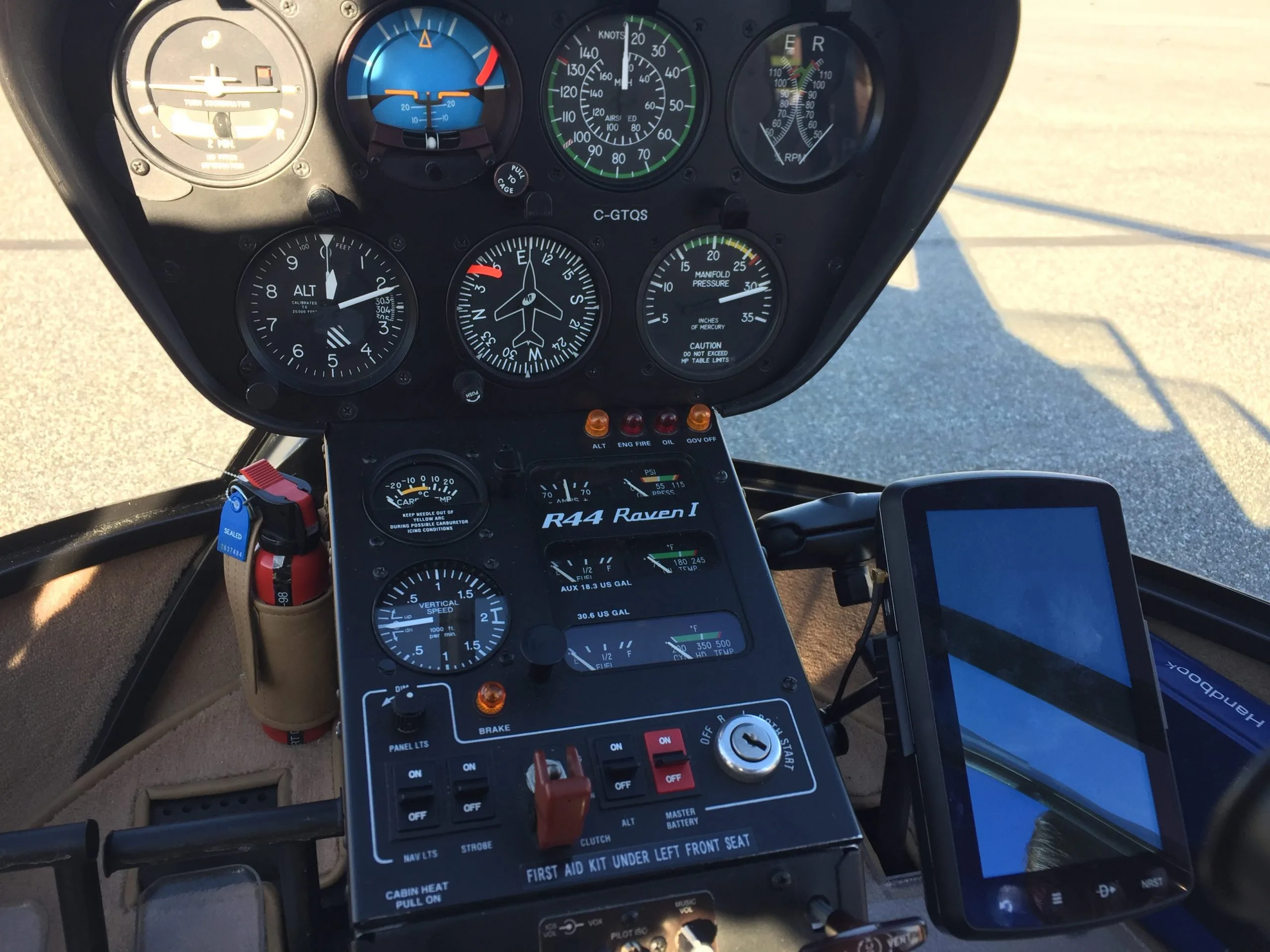 Cockpit and instrument panel of a 2008 Robinson R44 RAVEN I.