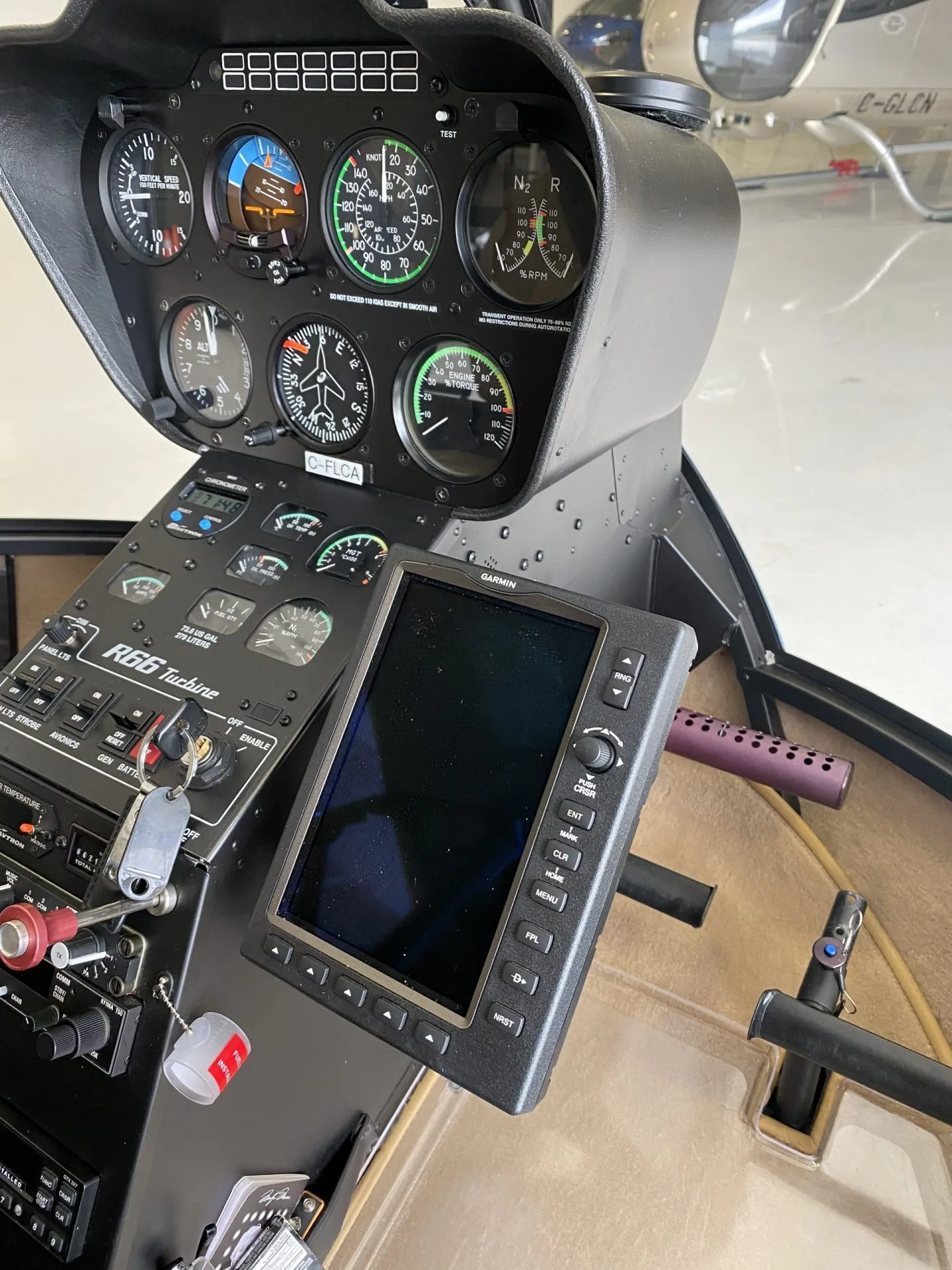 Cockpit and instrument panel of a 2011 Robinson R66.