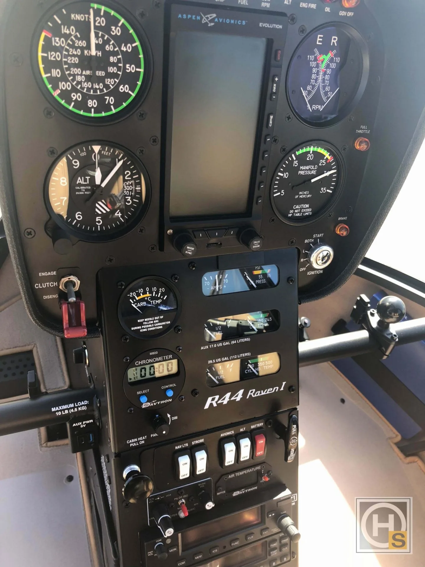 Cockpit and instrument panel of a 2018 Robinson R44 RAVEN I.