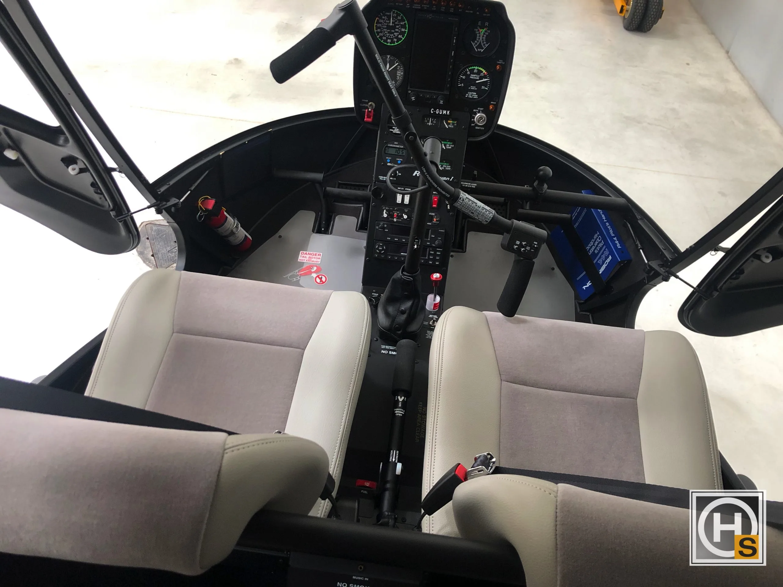 Cockpit and instrument panel of a 2019 Robinson R44 RAVEN I.