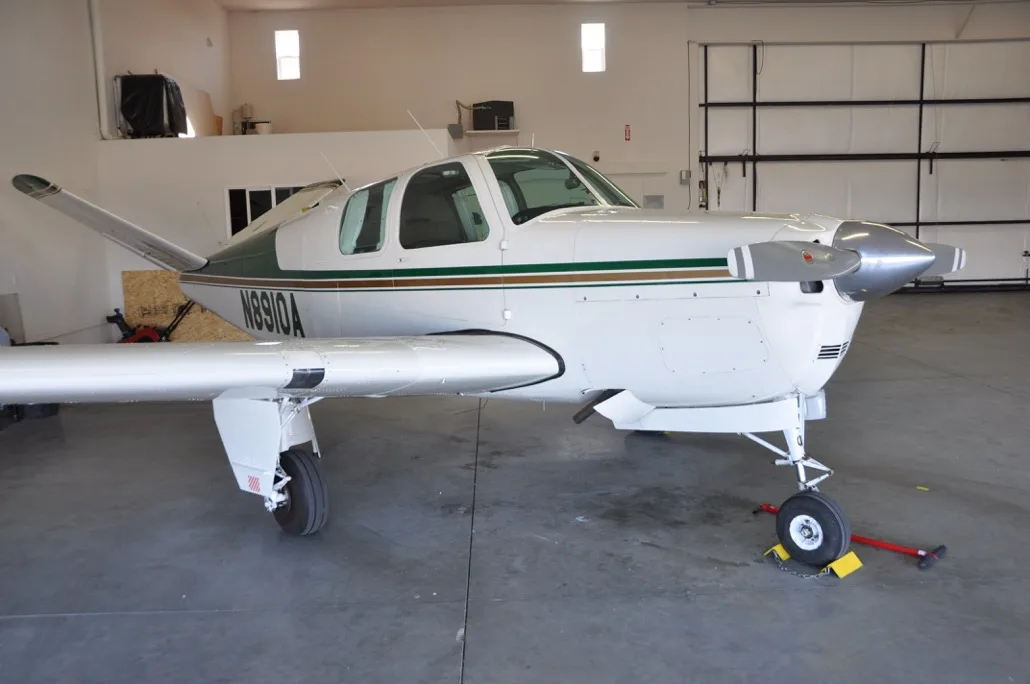Exterior view of a 1950 Beechcraft B35, N8910A.