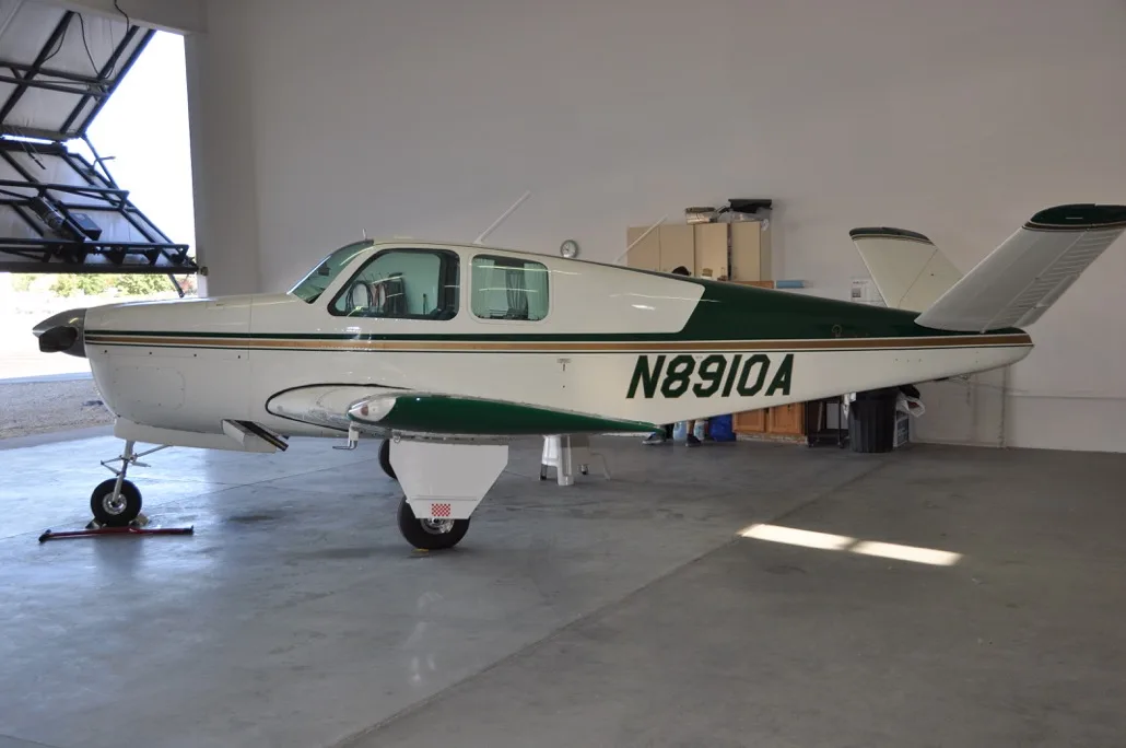 Exterior view of a 1950 Beechcraft B35, N8910A.
