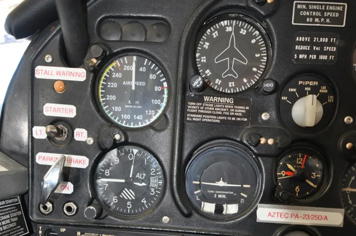 Cockpit and instrument panel of a 1966 Piper PA-23-250 Aztec.