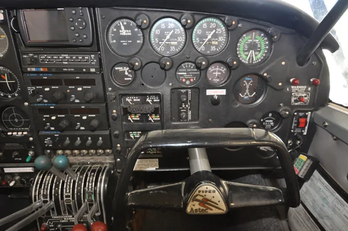 Cockpit and instrument panel of a 1966 Piper PA-23-250 Aztec.
