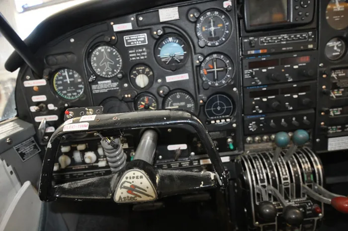 Cockpit and instrument panel of a 1966 Piper PA-23-250 Aztec.