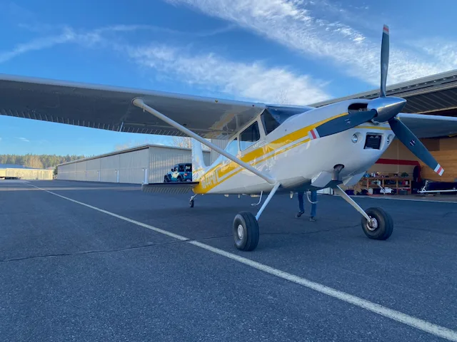 Exterior view of a 1977 Cessna 180K, N644FM.