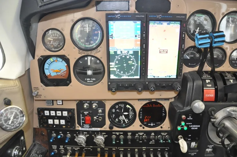 Cockpit and instrument panel of a 1981 Beechcraft 58P.