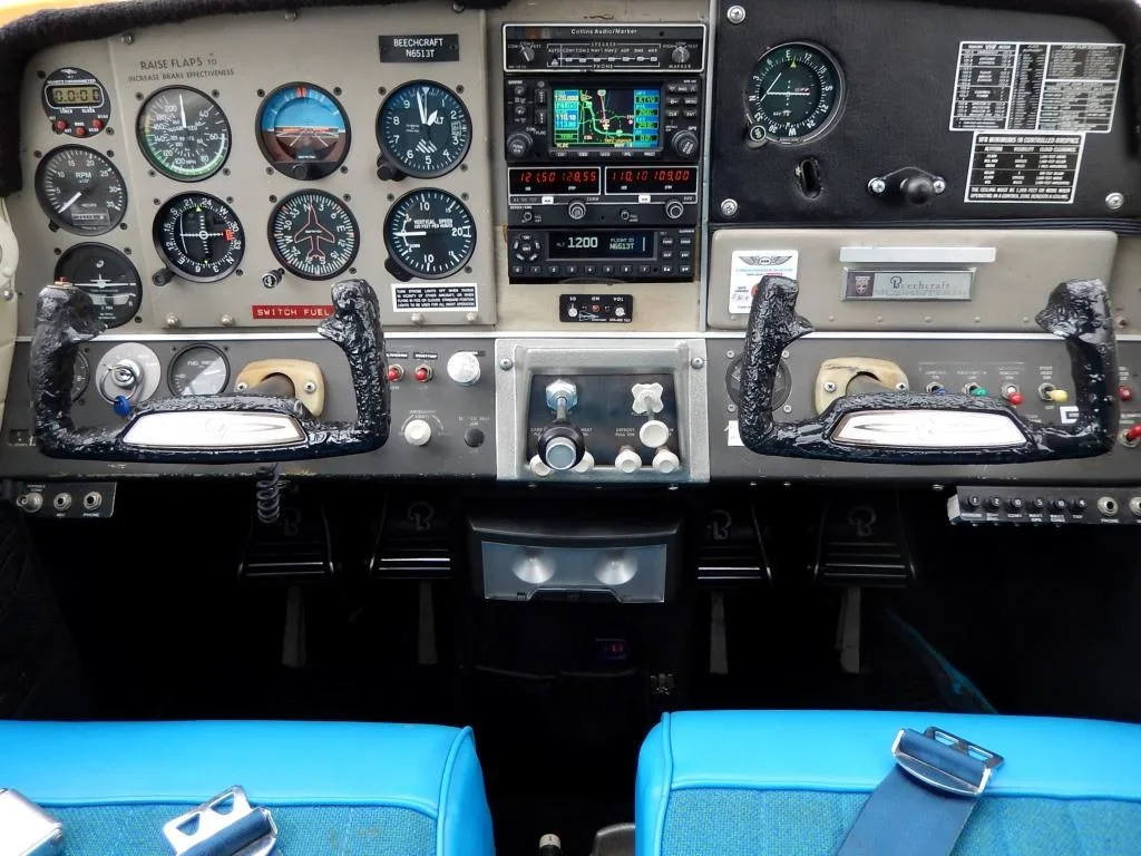 Cockpit and instrument panel of a 1968 Beech Sport III- N6513T Aircraft.