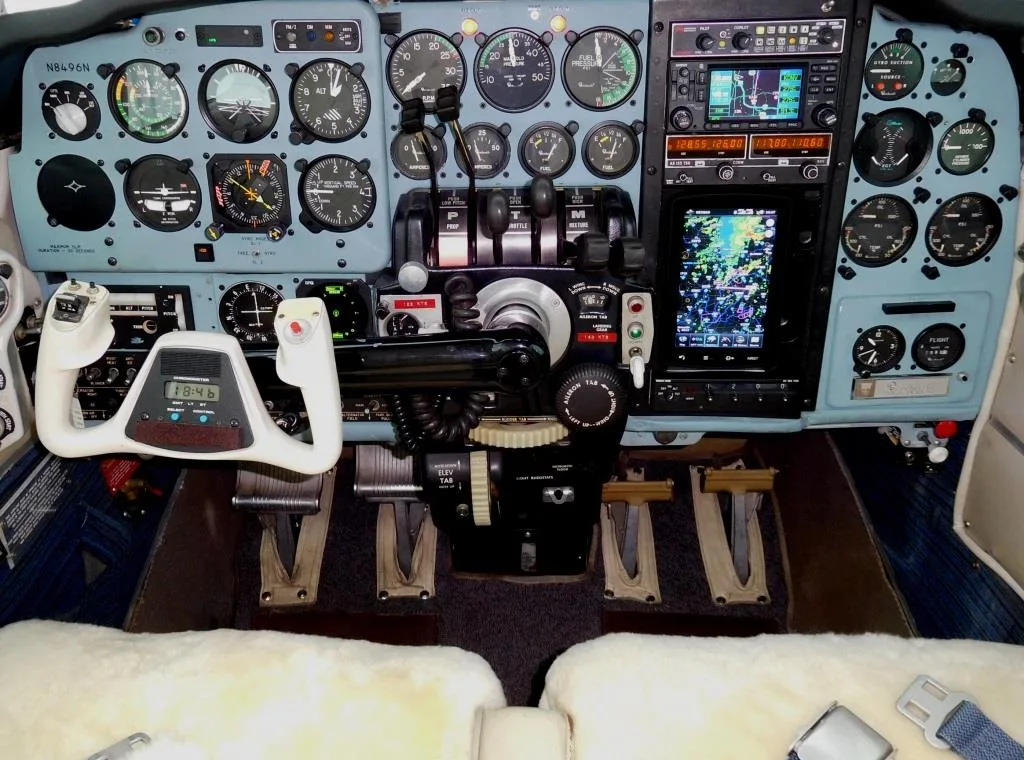 Cockpit and instrument panel of a 1968 Beechcraft B55 Baron - N8496N Aircraft.