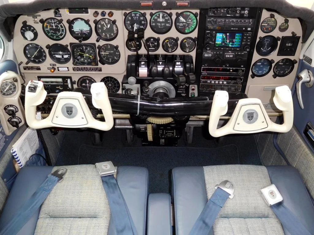 Cockpit and instrument panel of a 1968 Beechcraft D55 Baron - N323JL Aircraft.