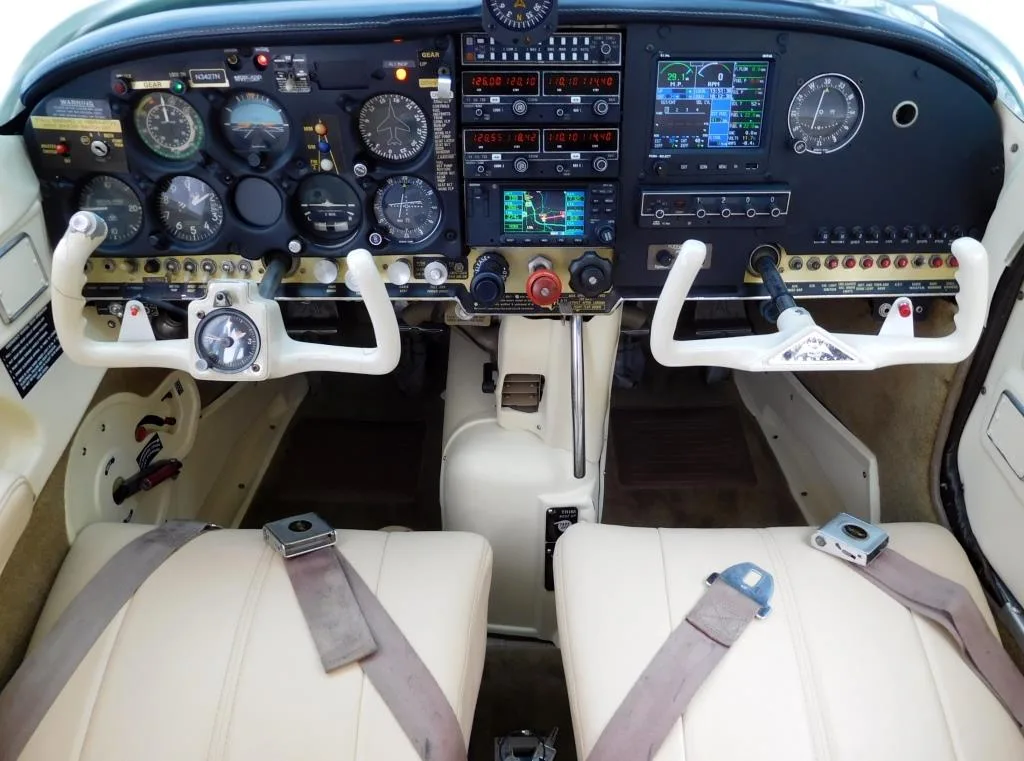 Cockpit and instrument panel of a 1968 Mooney M20F - N3427N Aircraft.