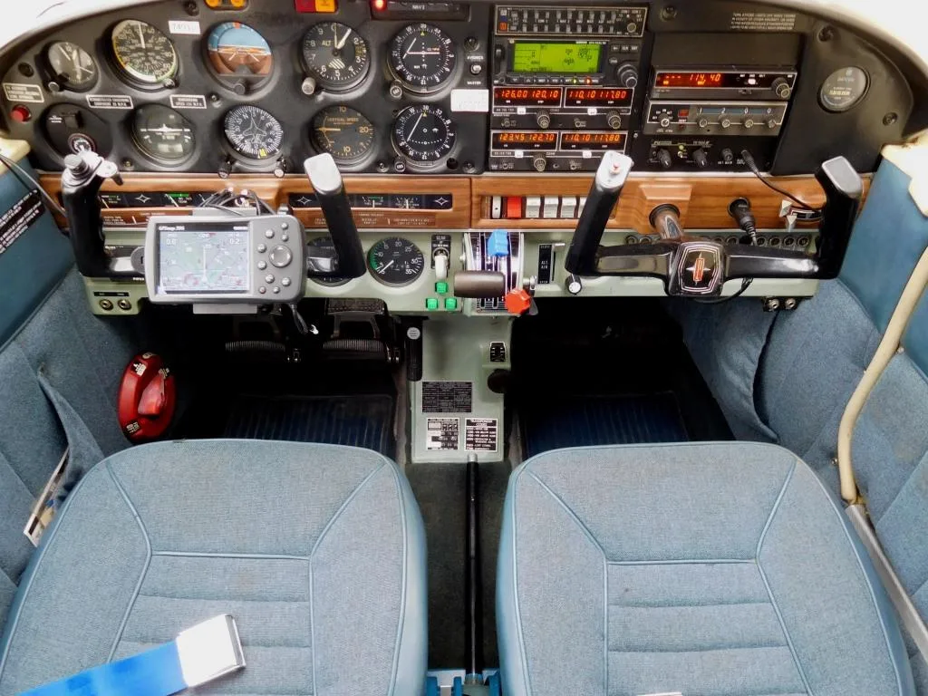 Cockpit and instrument panel of a 1968 Piper Arrow - N7493J Aircraft.