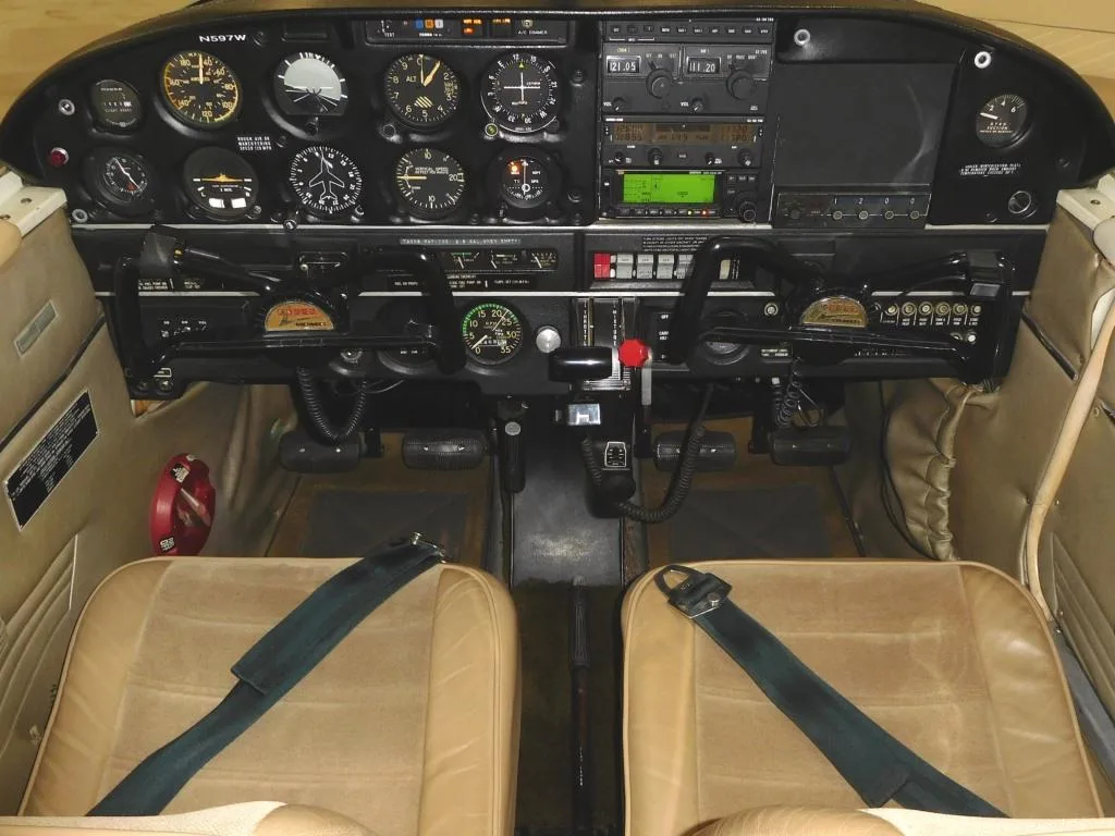 Cockpit and instrument panel of a 1971 Piper Cherokee 140 - N597W Aircraft.
