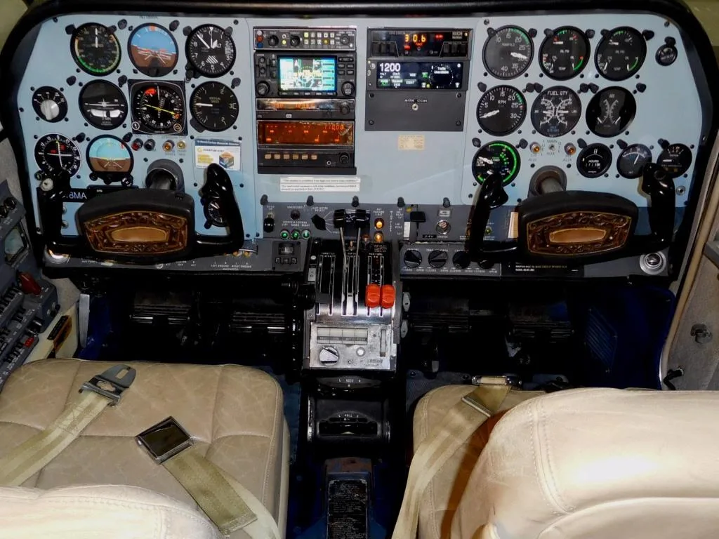 Cockpit and instrument panel of a 1974 Cessna 310Q- N718MA Aircraft.