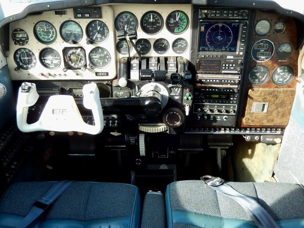 Cockpit and instrument panel of a 1977 Beechcraft E55 Baron- N18333 Aircraft.
