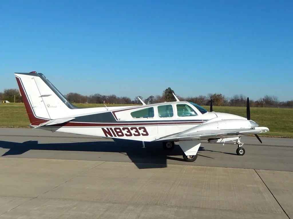 Exterior view of a 1977 Beechcraft E55 Baron- N18333 Aircraft.