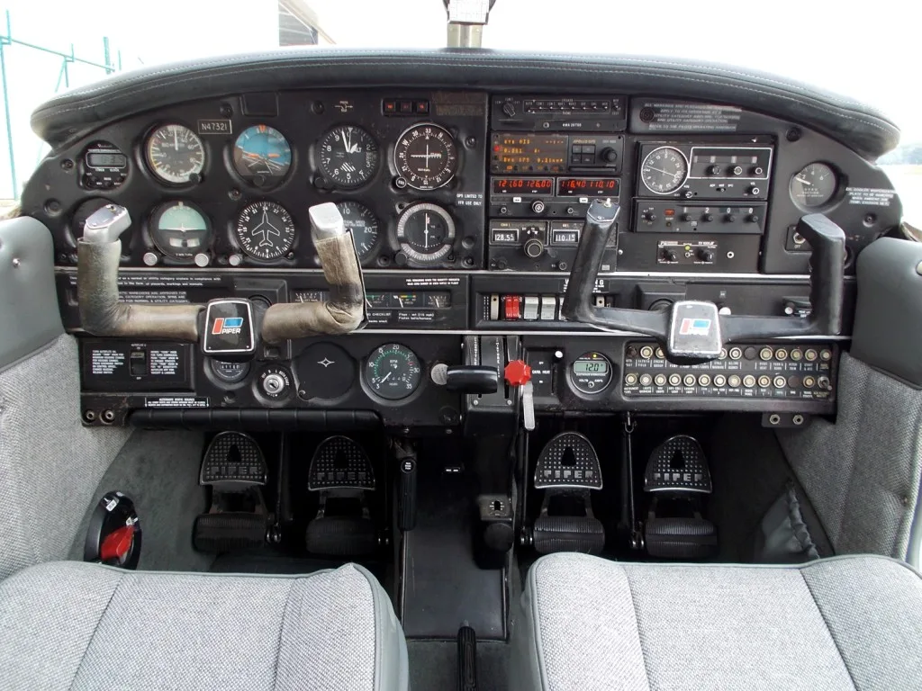 Cockpit and instrument panel of a 1978 Piper Warrior II - N47321 Aircraft.