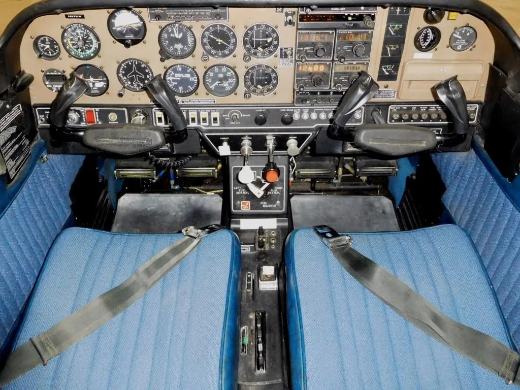 Cockpit and instrument panel of a 1979 Grumman AA5B Tiger - N57ER Aircraft.