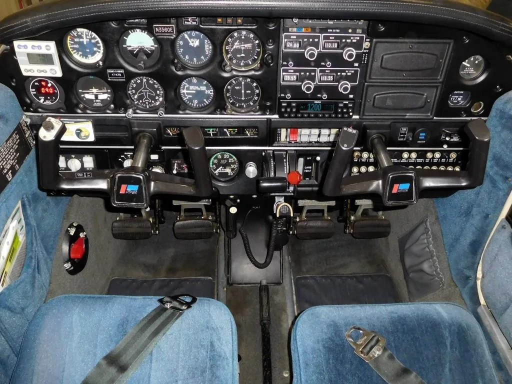 Cockpit and instrument panel of a 1980 Piper Warrior - N3560E Aircraft.