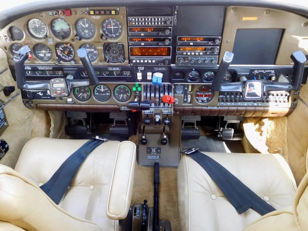 Cockpit and instrument panel of a 1981 Piper Seneca II - N455US Aircraft.