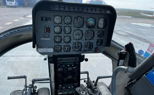 Cockpit and instrument panel of a 1980 Agusta Bell 206B3.