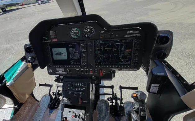 Cockpit and instrument panel of a 2014 Bell 407GX.