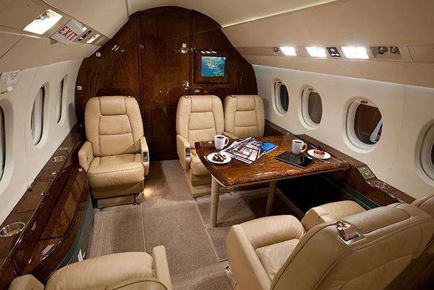 Cabin interior of a 2002 Dassault Falcon 2000.