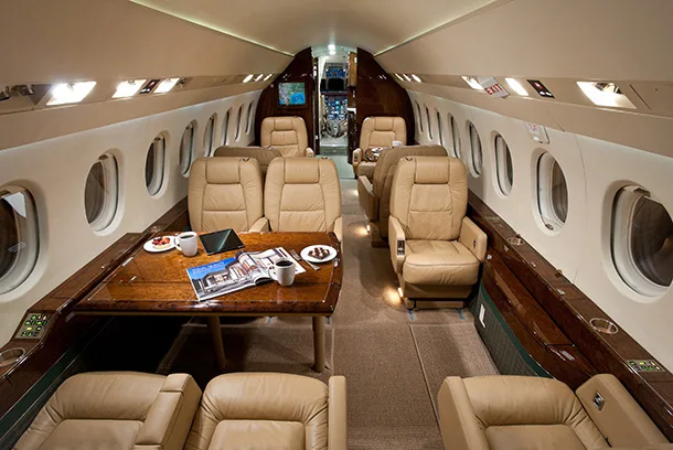 Cabin interior of a 2002 Dassault Falcon 2000.
