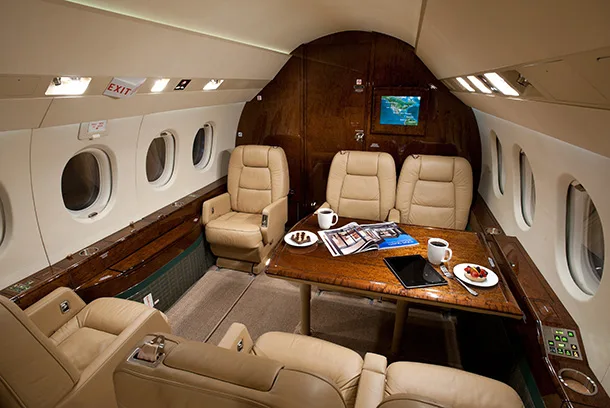 Cabin interior of a 2002 Dassault Falcon 2000.